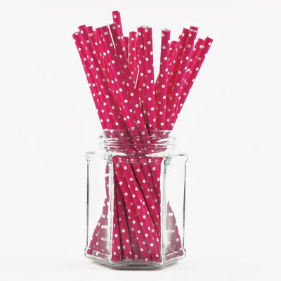 Sugrör i papper, fuchsia med vita prickar
